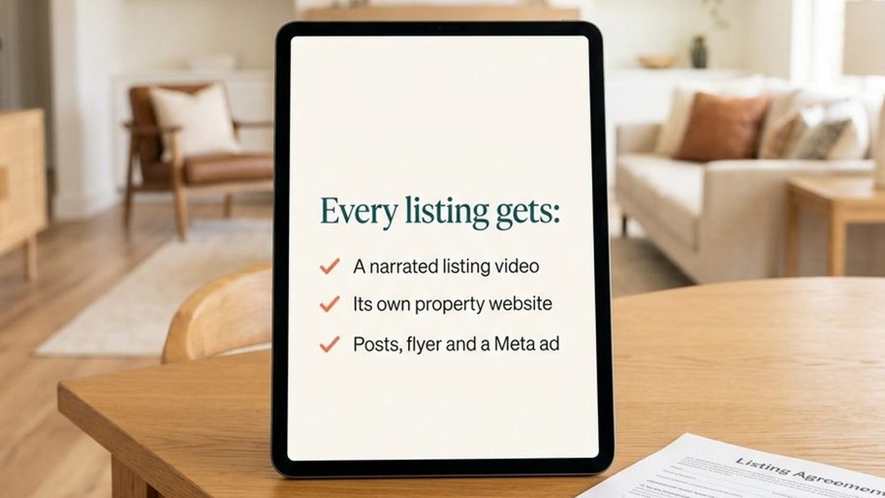 Tablet on a seller's kitchen table showing a listing-presentation slide: every listing gets a narrated listing video, its own property website, posts, flyer and a Meta ad