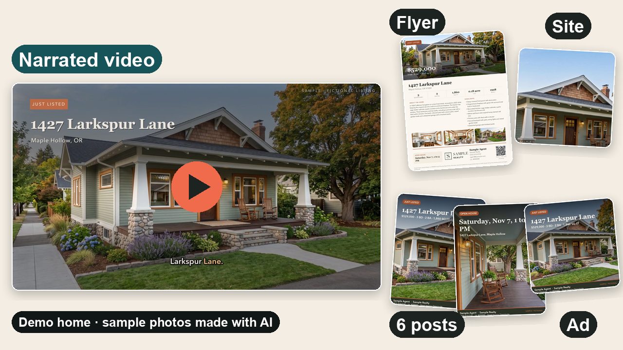 One sample pack: the narrated video, flyer, property website, 6 posts and the Meta ad for a fictional listing