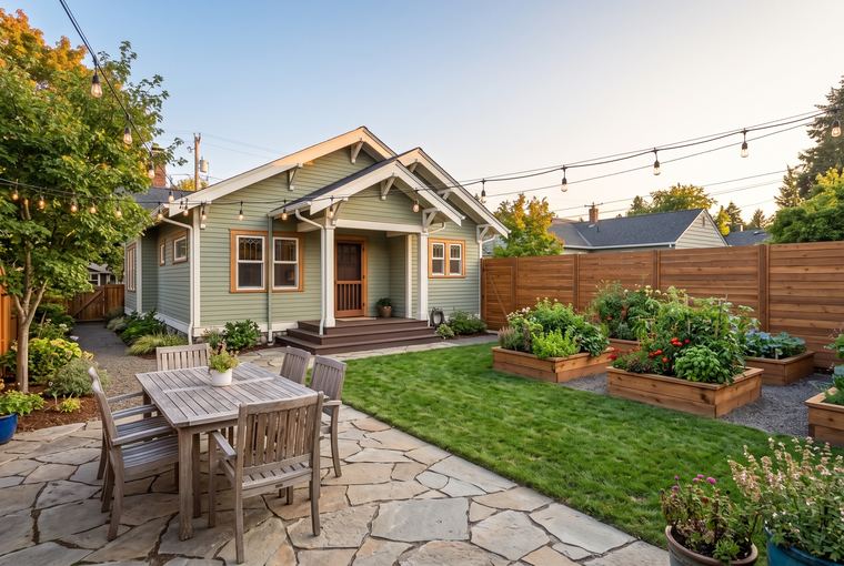 Backyard patio and garden beds